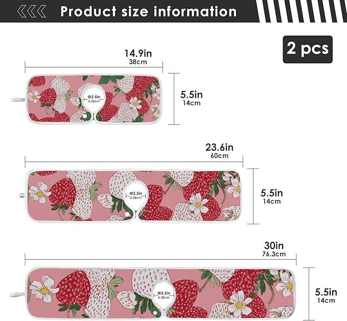 Sink Faucet Absorbing Mat Kitchen Sink Splash Guard Splash Faucet Drip Catcher for Bar RV Bathroom 2PCS 30x5.5in Pink White Strawberries Flowers