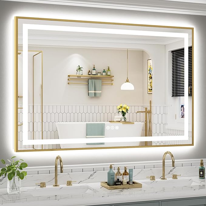 60x40 Inch LED Bathroom Mirror with Gold Frame, Backlit & Front Lit, Anti-Fog Lighted Bathroom Vanity Mirror for Wall, Memory Function, Dimmable, HD Tempered Glass, Shatter-Proof