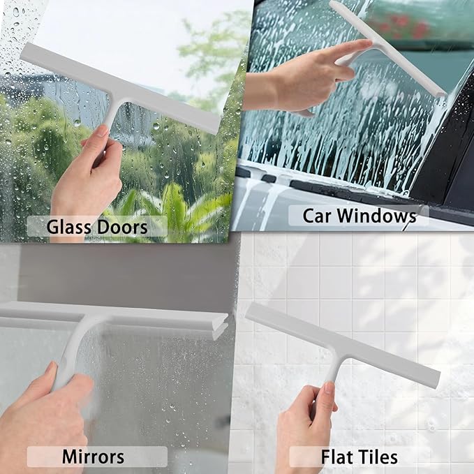 Shower Squeegee for Glass Doors, 2-in-1 Silicone Shower Squeegee with Hook,Hang Anywhere | Streak-Free Bathroom Squeegee | Household Window Mirror Squeegee for Bathroom, Glass, Tile Wall, Car(Gray)