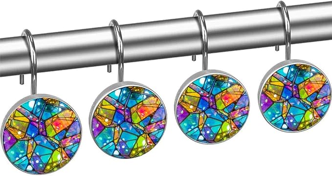 Shower Curtain Hooks,12 Pcs Irregular Color Pattern Rust Proof Glass Surface Stainless Steel Curtain Rings for Bathroom Bedroom Living Room Kitchen Home Shower Rods Decor
