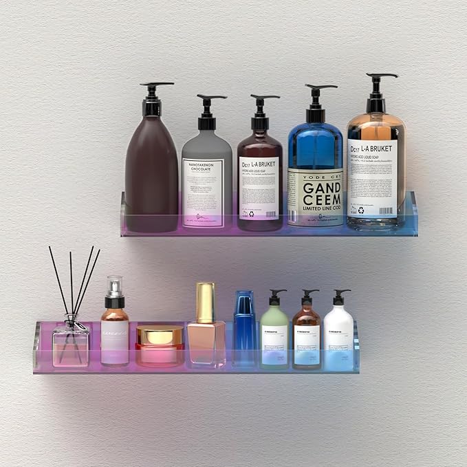 2 Pack Acrylic Shelves for Wall Storage, 15" Floating Shelves, Kids Bookshelf, Nail Polish Holder, Perfume Display Shelf Organizer for Bathroom, Bedroom, Living Room, Iridescent