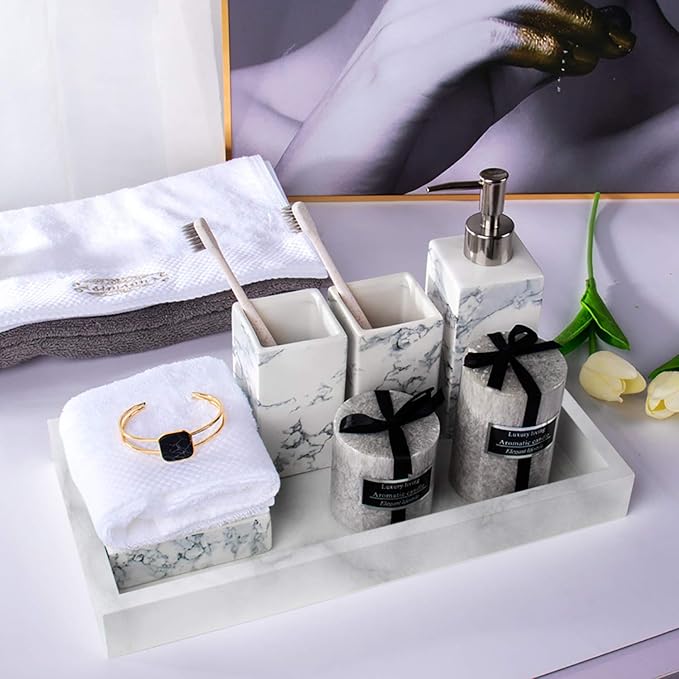 Marble Pattern Tray - Decorative Resin Vanity Tray Organizer for Bathroom, Kitchen, Coffee Table, 8-Inch White, Holds Perfume, Candles, Jewelry, Diffuser & Makeup