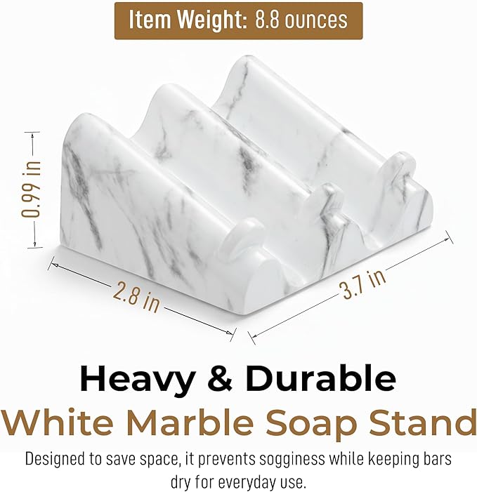 DOXOLOGY White Marble Soap Dish Bathroom Organizer - Resin Soap Dish with Rectangular Design 3.7" L x 2.8" W - Self Draining Soap Dishes Keeps Countertop Neat - Marble Look Soap Tray for Sink