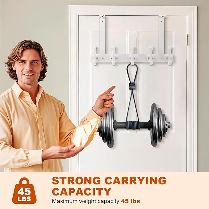 Bersite Over The Door Hooks for Hanging，Over The Door Hanger，Heavy Duty Stainless Steel Door Towel Rack with 5 Double Hooks for Hanging Towels, Coats, Robes, Hats (White)