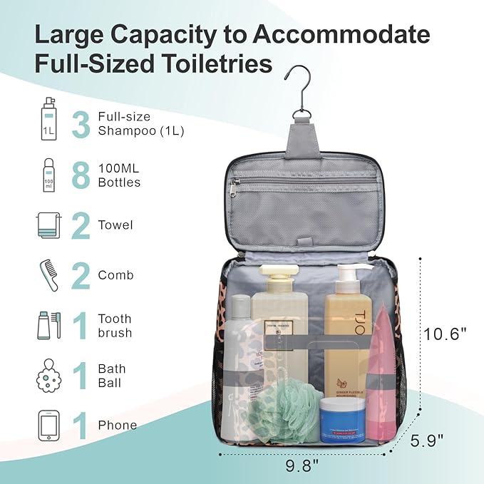 F-color Shower Caddy Portable for College Dorm Essentials - Large Hanging Sturdy Handle Toiletry Tote Bag with Hook, Multiple Pockets, Quick Dry Organizer for Camping, Travel, Gym, Leopard