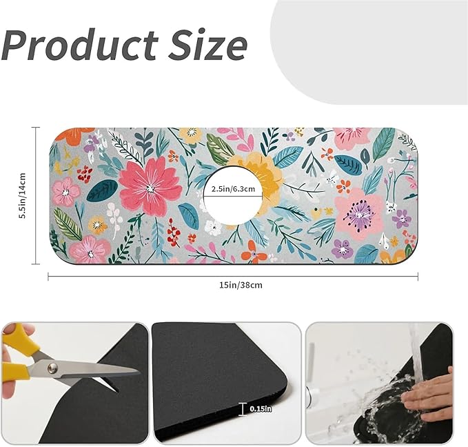 Kitchen Sink Splash Guard，Spring flowers- Faucet Mat Sink Gadgets-Super Absorbent Fast Drying Mat Drip Catcher for Kitchen, Bathroom,Sink Mat, Dish Drying Mat, Bathroom(15" X 5.5" )