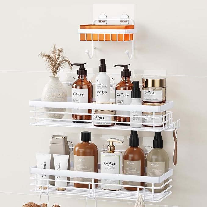 Orimade Adhesive Shower Caddy Soap Dish Holder Shelf with 5 Hooks Bathroom Organizer Basket Kitchen Storage Rack Wall Mounted No Drilling Stainless Steel - 3 Pack, White