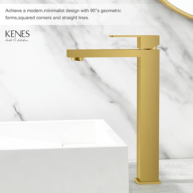 KENES Brushed Gold Tall Bathroom Faucet, Single Handle Vessel Sink Faucet Gold Vanity Bathroom Faucet with Supply Lines and Pop Up Sink Drain, LJ-9031A-4