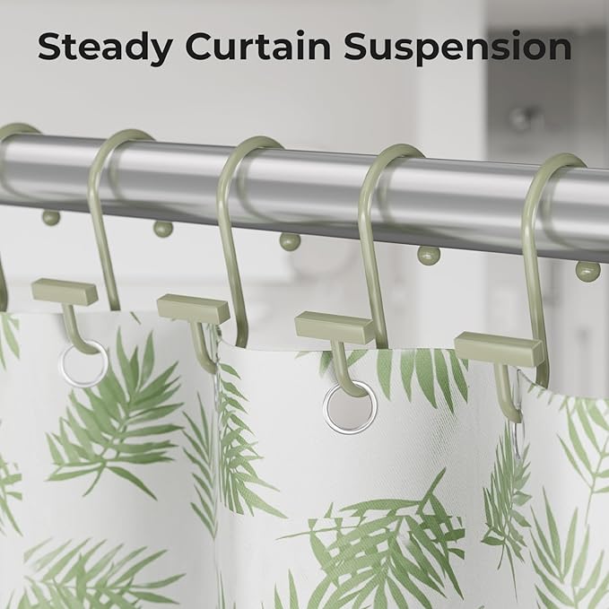 Sage Green Shower Curtain Hooks, Bathway Shower Curtain Rings Rust Proof, 12PCS Shower Hooks for Shower Curtain, T-Bar Design Convenient Elegant Shower Curtain Hangers for Bathroom Kitchen Wardrobe