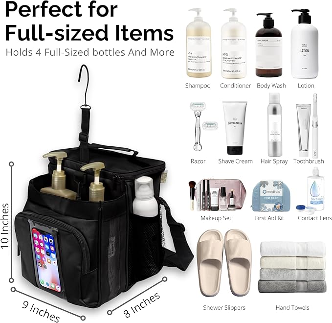 Portable XL Shower Caddy Bag - College Dorm Room Essentials for Men, Women, Students - Foldable, Water Resistant with Hanging Keychain Hook and Shoulder Strap Shower Organizer Bag (Black)