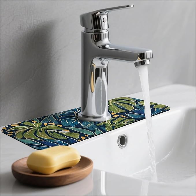 Kitchen Sink Splash Guard，Large tropical leaves Faucet Mat Sink Gadgets-Super Absorbent Fast Drying Mat Drip Catcher for Kitchen, Bathroom,Sink Mat, Dish Drying Mat, Bathroom(15" X 5.5" )