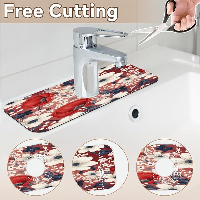 Red White Floral Bliss Kitchen Faucet Mat Splash Guard, 15.4”x5.7” Absorbent Quick Drying Sink Mat for Countertop Protection, Draining Mat Sink Protectors For Kitchen Bathroom, 2 Pack
