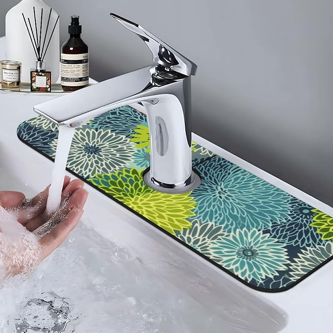 Kitchen Faucet Mat 15 x 5.5 Inch Abstract retro flower Faucet Draining Mat Farmhouse Absorbent Drying Mat Sink Splash Guard Behind Faucet Drip Catcher for Kitchen Bathroom