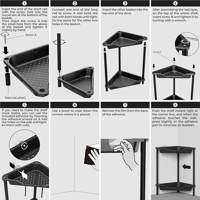 ODesign 2 Tier Floor Standing Corner Shower Caddy Organizer Plastic Metal Splicing Shelf Storage Rack for Bathroom Black - Rustproof