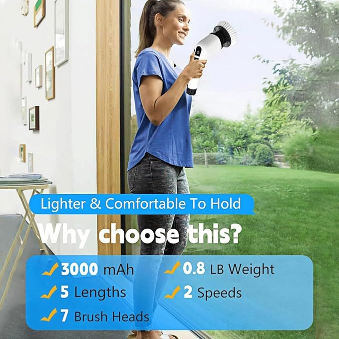 Floor Tile Toilet Brush Long Handle Bathroom Brush Cordless Electric Cleaning Brush with 8 Replaceable Brush Heads for Home ()