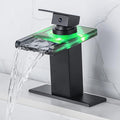 LED Bathroom Sink Faucet - Matte Black Single Hole or 4 Inch Centerset Waterfall Faucet with Glass Spout and Temperature-Sensitive LED Lights, Includes Deck Plate