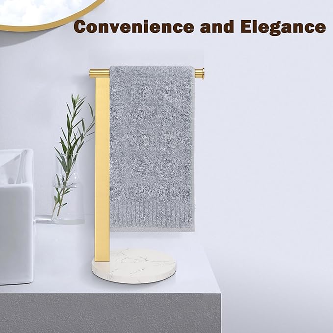 Hand Towel Holder Stand for Bathroom, L- Shaped Standing Hand Towel Rack, Towel Bar Kitchen Vanity Countertop Organizer, SUS304 Stainless Steel Material (Marble Base, Gold)