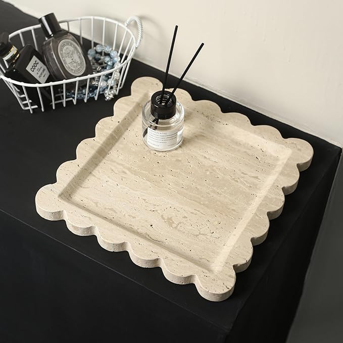 Natural 100% Marble Vanity Tray Luxury Scalloped Marble Tray, Travertine Tray for Home Decor Bathroom Kitchen Candle Key (Square-9.8 * 9.8-Beige Travertine)