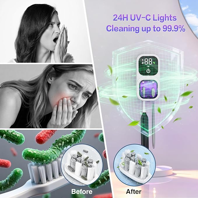 Toothbrush Sanitizer, Wall Mounted Toothbrush Holder & Toothbrush Cleaner, 4UVC Lights Cleaning, 2300mAh High-Capacity Battery, Auto-inductive Cover, Rechargeable Toothbrush Holders for Bathrooms, RV