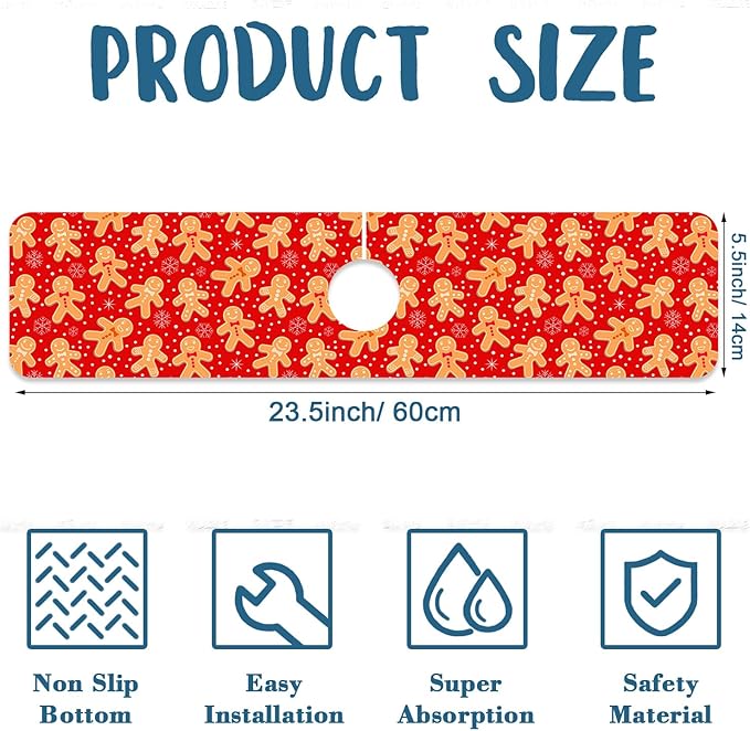 Christmas Merry Xmas Sink Splash Guard Santa Claus Faucet Absorbing Mat Fast Drying Mat Sink Gadgets Splash Guard Behind Faucet Drip Catcher for Kitchen Bathroom, 23.5"x5.5"