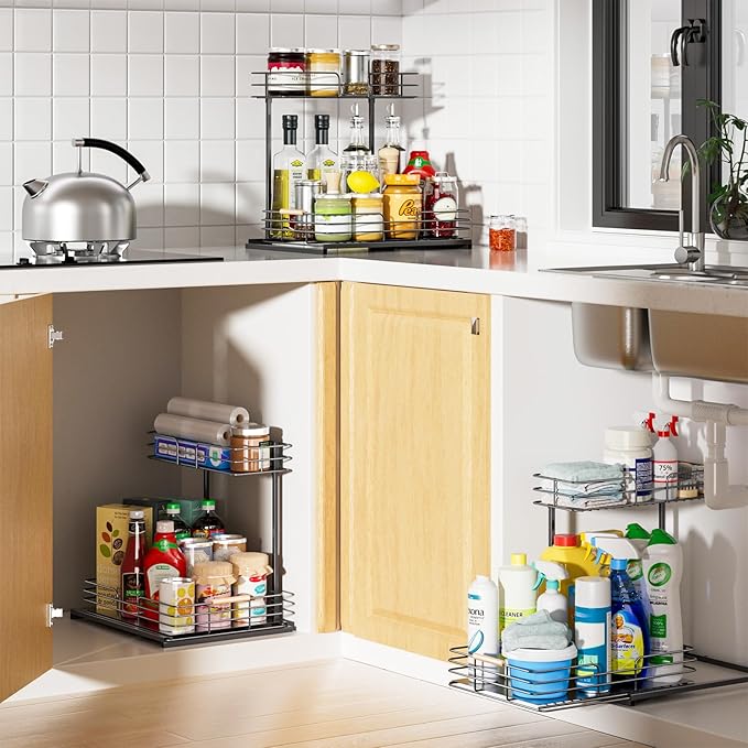 LAMU 2Pack Under Sink Organizers and Storage, 2 Tier Bathroom Kitchen Cabinet Organizers and Storage, Pull Out Under Sink Storage Kitchen Shelf Organizer for Under Counter Storage Organizer
