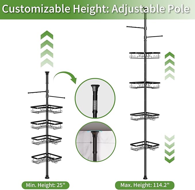 Taozun Shower Caddy Organizer Tension Pole, Rustproof 2 Towel Bars and 4 Adjustable Shelves, 25-114.2 Inch No-Drill Quick Installation, Extra Soap Dish for Bathroom Storage Black