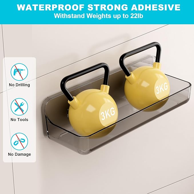 CGBE 2-Pack Acrylic Shower Shelves, Large Capacity Adhesive Shower Shelf, No Drilling Adhesive Bathroom Shelf with Drain Holes,Clear Wall Mount Organizer for Bathroom Storage