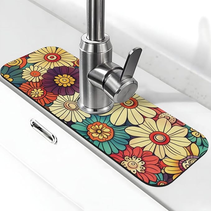 Kitchen Faucet Mat 15 x 5.5 Inch Abstract retro flower Faucet Draining Mat Farmhouse Absorbent Drying Mat Sink Splash Guard Behind Faucet Drip Catcher for Kitchen Bathroom