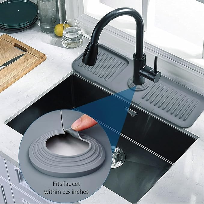 Silicone Sink Splash Guard for Kitchen & Bathroom, 17.7 inch Faucet Mat with 5° Slope & Cuttable Hole, Fast Draining Drip Catcher Tray, Dish Soap Sponge Holder, Drying Mat for Counter Top