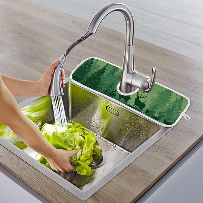 2 PCS Kitchen Sink Splash Guard 30 Inch Faucet Mat for Kitchen Sink Bathroom Sink Faucet Absorbing Drip Drain Mat Pad Microfiber Soft Washable Purple and Green Stag Forest Trees