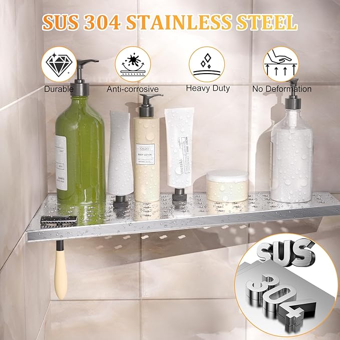12" Corner Shower Shelf 2-Pcs, Rustproof 304 Stainless Steel Corner Shower Shelves with Razor Holder Slot Design Recessed Bathroom Shower Shelf for Tiled Wall (Brushed Silvery)