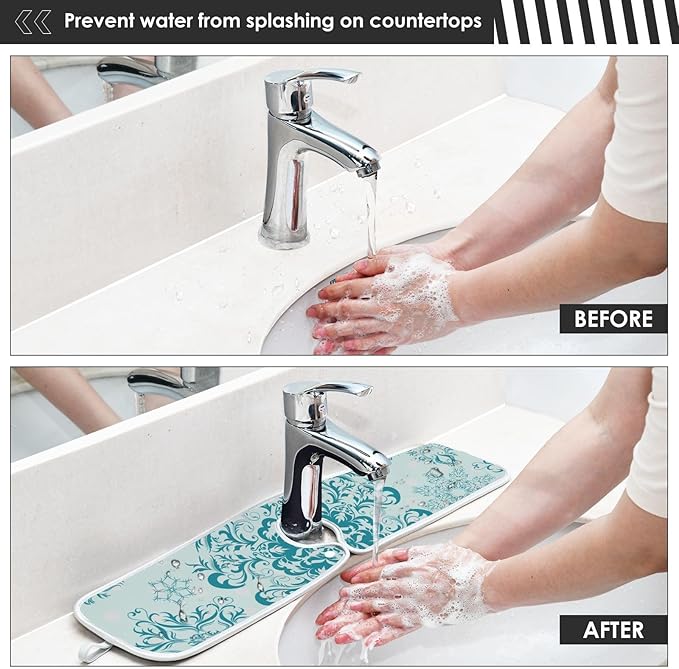 Sink Faucet Absorbing Mat Kitchen Sink Splash Guard Splash Faucet Drip Catcher for Bar RV Bathroom 2PCS 30x5.5in Lavender Flowers Teal Mandala Purple