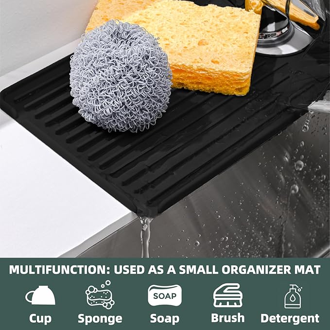 Faucet Mat for Kitchen Sink, Silicone Faucet Handle Drip Catcher Tray, Drying Mat as Sponge and Soap Holder with Lateral Inflow for Kitchen Bathroom Farmhouse & RV Sink Accessories (Black)