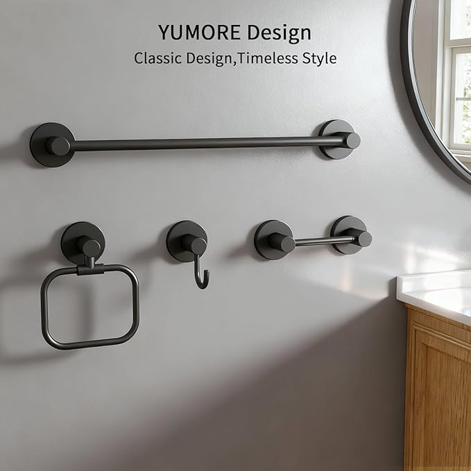 YUMORE 4-Piece Bathroom Set with Privot Toilet Paper Holder | All-in-One Wall Mounted Hardware Combo, Matte Black