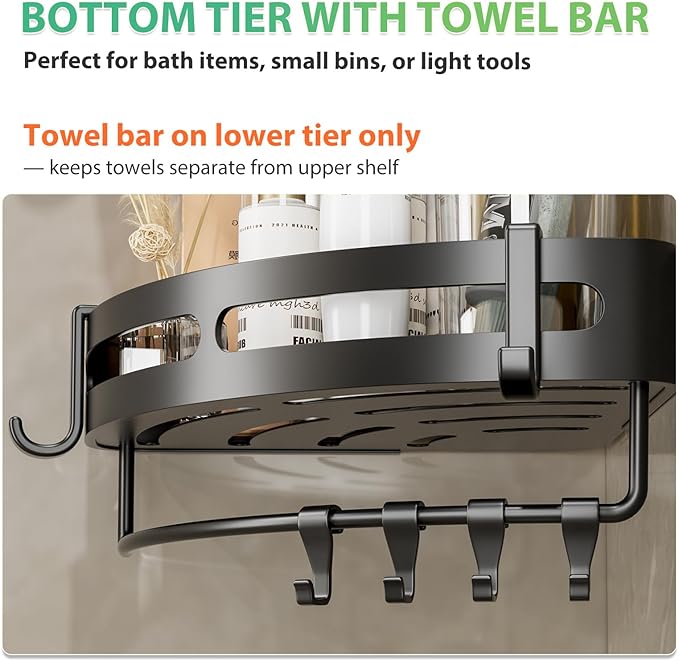Adhesive Shower Corner Caddy，2-Pack Heavy Duty Shower Corner Shelves Rack with 8 Hooks and 1 Towel Bar，Rustproof Bathroom Organizer No Drilling Wall Mounted