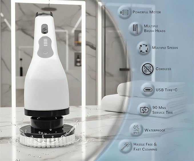 Electric Spin Scrubber for Cleaning with 9 Replaceable Brush Heads,Cordless Bathroom Cleaning Brush with 3 Speeds,IPX7 Waterproof,Adjustable Handle for Shower,Bathtub,carpet,Tile,Floor & Kitchen,White