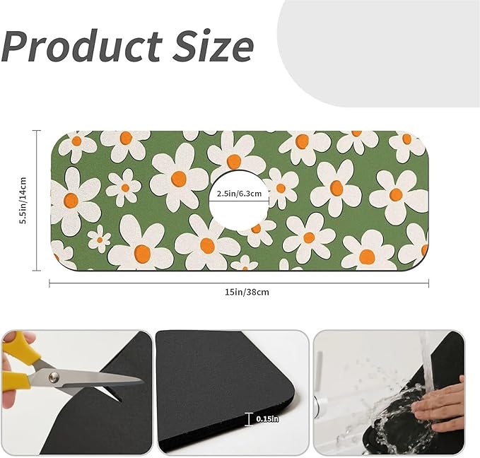 Kitchen Sink Splash Guard，White daisy Faucet Mat Sink Gadgets-Super Absorbent Fast Drying Mat Drip Catcher for Kitchen, Bathroom,Sink Mat, Dish Drying Mat, Bathroom(15" X 5.5" )