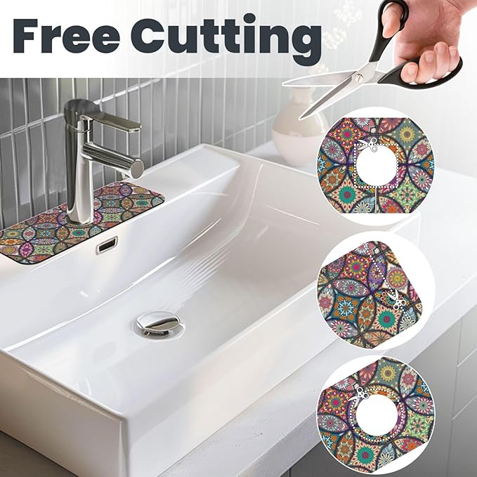 Boho Pretty Mandala Ceramic Rainbow Kitchen Sink Splash Guard Faucet Mat 1 Pcs, Absorbent Fast Drying Mat Gadgets Splash Guard For Bathroom 15 X 5.5 Inches