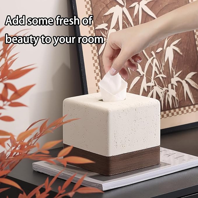 Tissue Box Cover Square, Resin Facial Tissue Holder Covers Toilet Paper Holder Decorative Travertine Paper Dispenser Home Decor for Bathroom Bedroom Living Room Office