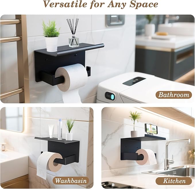 Black Toilet Paper Holder with Shelf, Wall Mount Bathroom Tissue Roll Holder Organizer, Modern Storage Shelf for Phone, Book, Plant, Extra Roll, Matte Black Finish, Easy Install