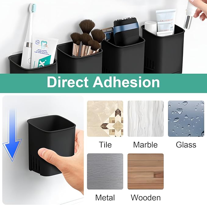 2 Packs Wall Mounted Toothbrush Holders, Self Adhesive Bathroom Toothbrush Wall Holder for Electric Toothbrush, Toothpaste, Razor,Shower Accessories (Black)