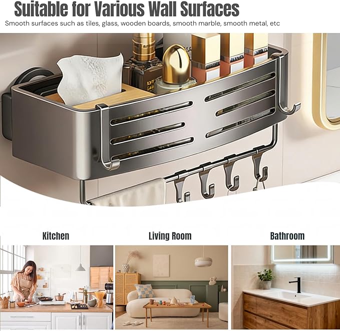 Corner Shower Shelf Caddy Suction Cup, No Drill Hole with Towel Bar and Hook, Gray Bathroom Storage Rack, Zero Drill Square Shelves, Store Toiletries and Bath Towel for Bathroom Kitchen RV
