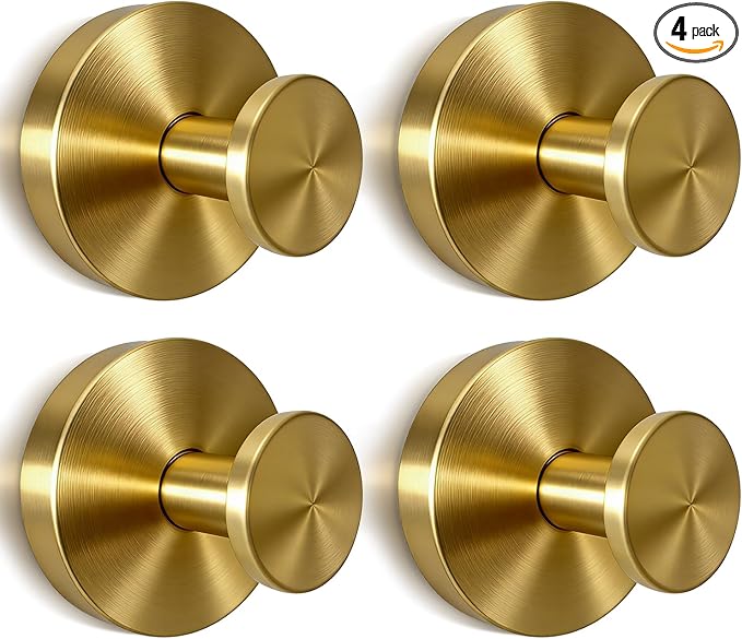 Gold Suction Cup Hooks for Shower & Bathroom - No Drill Adhesive Hooks for Towels on Glass Door, Mirror, Tile Wall - Decorative Brushed Gold Hooks for Wreaths, Kitchen - Heavy Duty Waterproof (4 Pack)