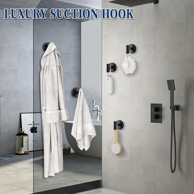Suction Cup Hooks No Drill Stainless Steel Shower Hooks Towel Hook Robe Hook Heavy Duty on Smooth and Non-Porous Surfaces in Bathrooms Kitchen Bedroom (2, Matte Black)