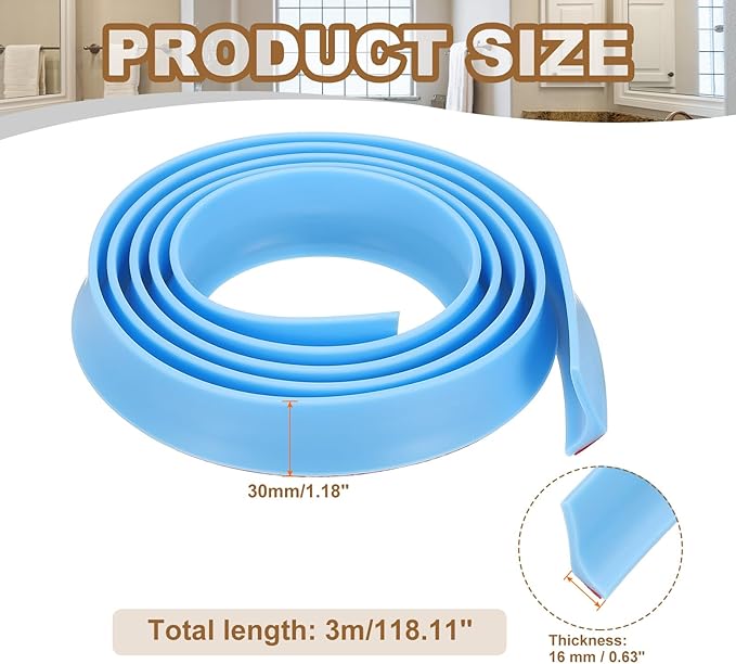 PATIKIL 118 Inch Collapsible Shower Threshold Water Dam Guard, Shower Stopper Barrier Self Adhesive Sink Splash Guard for Frameless Shower Door Bottom, Blue (1.2"Wx0.6"T)
