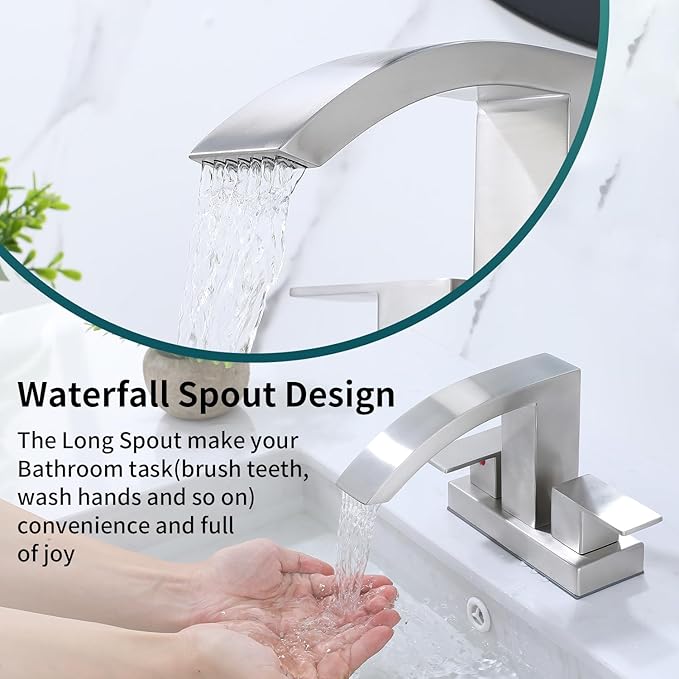 4 Inch Centerset Bathroom Faucet, 2-Handle Waterfall Sink Faucet 3 Hole, Brushed Nickel Vanity Faucet with Pop Up Drain & cUPC Supply Hoses,Waterfall Bathroom Faucet for Lavatory