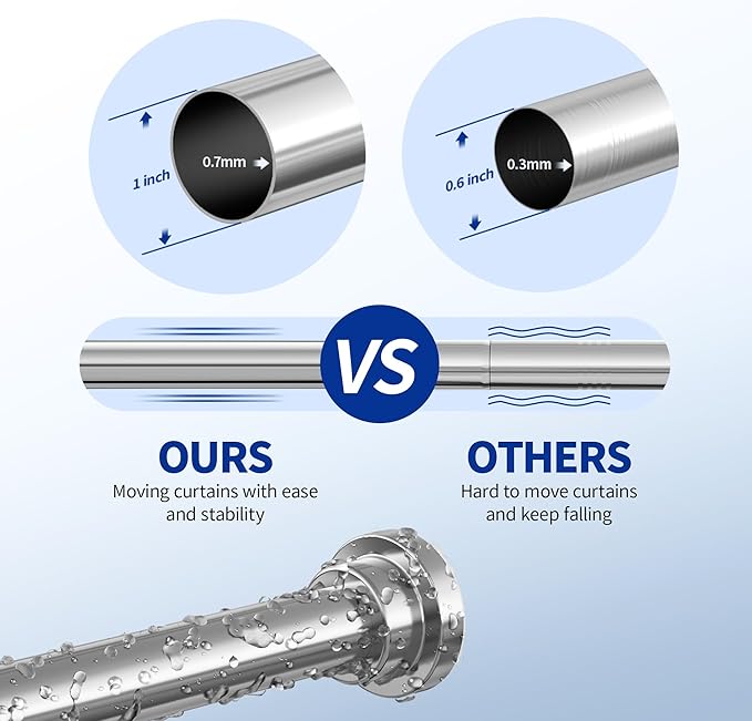 Shower Curtain Rod, 1" Diameter Heavy Duty Tension Shower Rod, Non Slip Adjustable 28-74 inch No Drilling Shower Curtain Rods Spring Tension For Bathroom, Shower Stall, No Rust, Silver