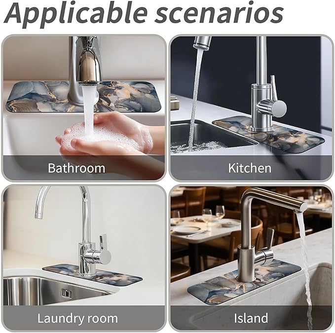 Kitchen Sink Splash Guard，Light grayish blue marble Faucet Mat Sink Gadgets-Super Absorbent Fast Drying Mat Drip Catcher for Kitchen, Bathroom,Sink Mat, Dish Drying Mat, Bathroom(15" X 5.5" )