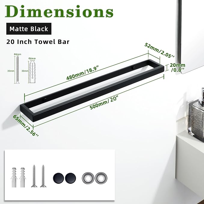 Alise Bath Towel Bars,20 Inch Towel Holder Towel Racks for Bathroom and Lavatory,SUS304 Stainless Steel Hand Towel Hanger Rail Wall Mount,Matte Black