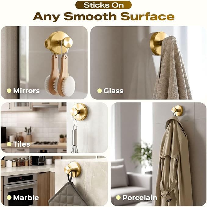 Upgraded Suction Cup Hooks for Shower, Heavy Duty Removable Towel Hooks for Bathroom Glass Door Wall, Stainless Steel Shower Hooks for Towel & Loofah (4 Pack, Gold)